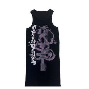 Japanese Cracked Graphic Print Purple Black Thermal Tank Top Wifebeater Shirt- S